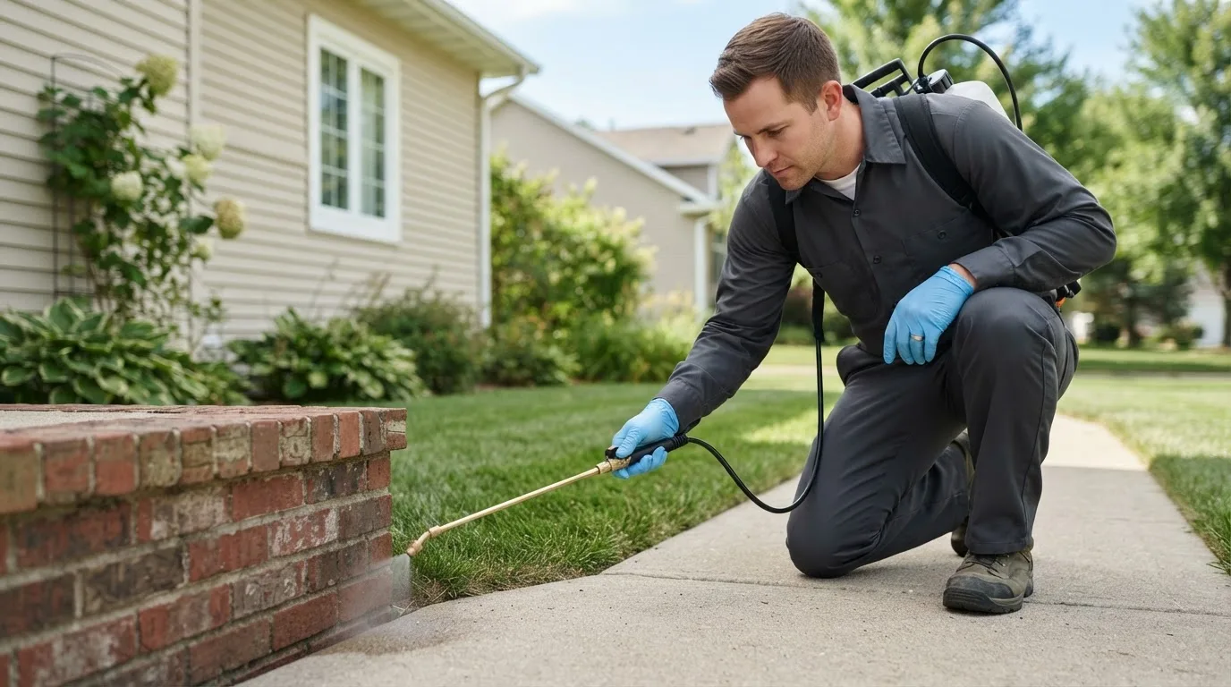Pest control technician treating a home near Royal, IA